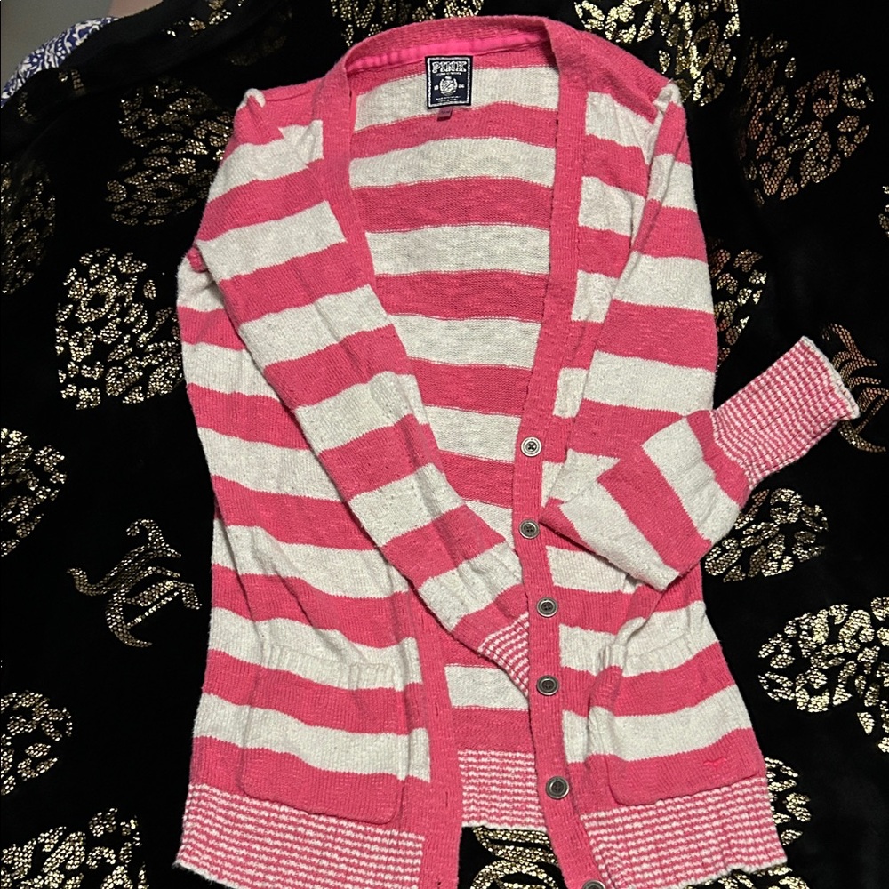 VS PINK Pink and Cream Striped Cardigan
